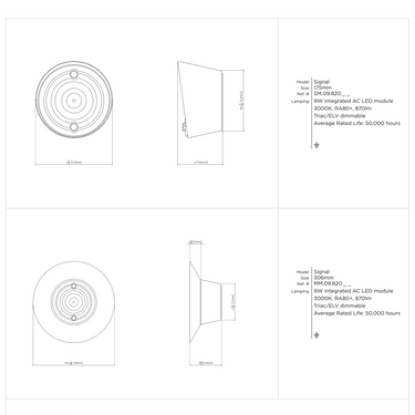 Viso Signal dimensions and technical drawing, 6.8 and 12.1 inch Fresnel-lens wall and ceiling lights
