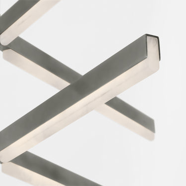 Dimmable Linea 56-inch contemporary chandelier in antique nickel, sculptural design with integrated LED illumination.

