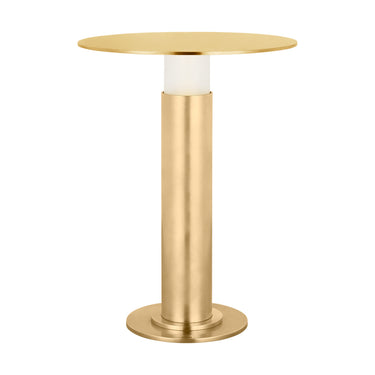 Visual Comfort Miguel cordless lamp with antique brass details, soft warm LED light.