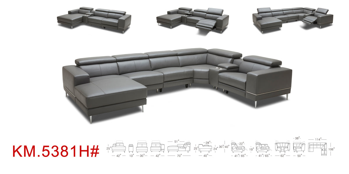 VIG Furniture Divani Casa Wade Dark Grey Leather Sectional Sofa Recliners
