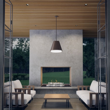 Bowman Outdoor Pendant Light illuminating modern patio