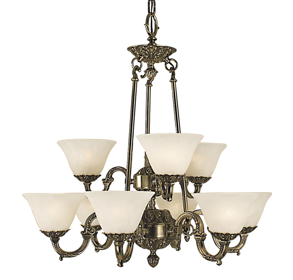 Framburg Napoleonic 9 - Light French Brass with White Marble Glass Shade Dining Chandelier 7889 FB/WH