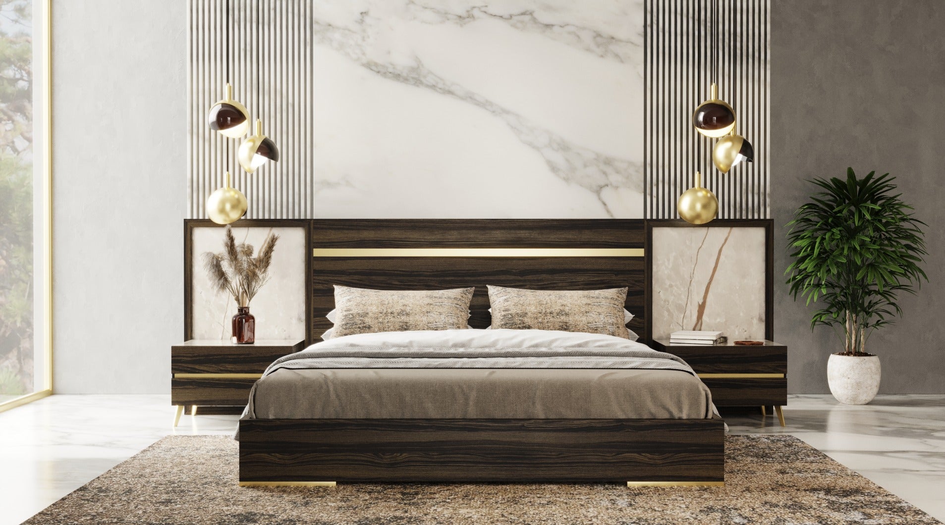 VIG Furniture Nova Domus Velondra Eucalypto Marble Bed Two Nightstands