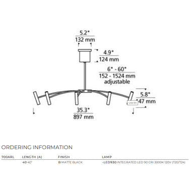Contemporary black ceiling chandelier with cylindrical LEDs and sleek architectural design line drawing