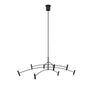 Aerial 60-inch matte black chandelier with three horizontal LED bars suspended for modern dining or living room lighting