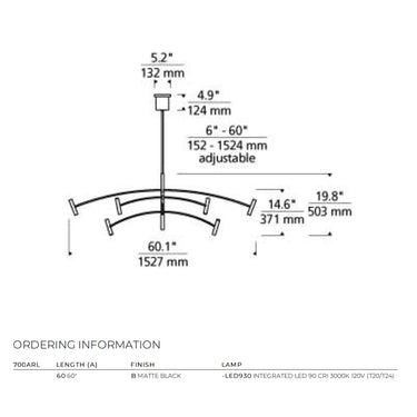 Contemporary LED chandelier in matte black with arched supports and three horizontal bars for kitchen island or office line drawing