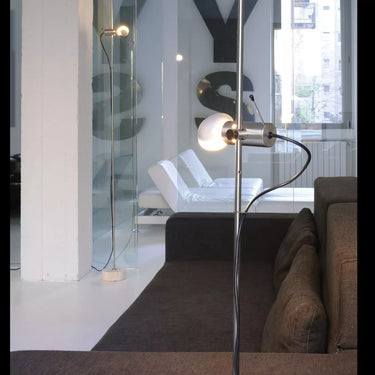 Oluce Agnoli adjustable floor lamp in satin nickel with slim minimalist stem