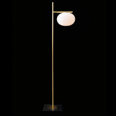 Satin brass and opaline glass 1-light floor lamp by Oluce ideal for hotel interiors and luxury spaces