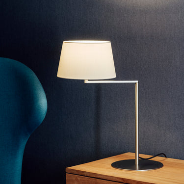 Americana table lamp by Miguel Milá with white linen lampshade