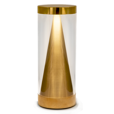 Apex cordless table lamp in real brass, rechargeable LED, warm white light, aluminum body.