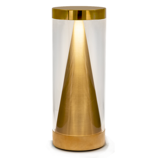 Apex cordless table lamp in real brass, rechargeable LED, warm white light, aluminum body.