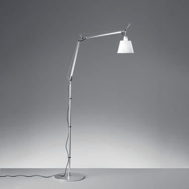 Tolomeo with Shade Floor Lamp by Artemide in aluminum finish with adjustable arm and fabric shade for modern interiors
