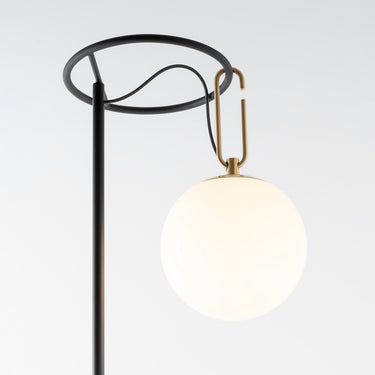 Minimalist Italian NH floor lamp by Neri & Hu with adjustable brass ring and globe shade in modern foyer