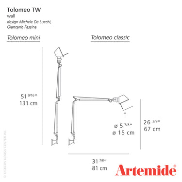 Italian-designed Tolomeo TW wall light by Artemide providing flexible warm-to-cool LED task lighting for workspace