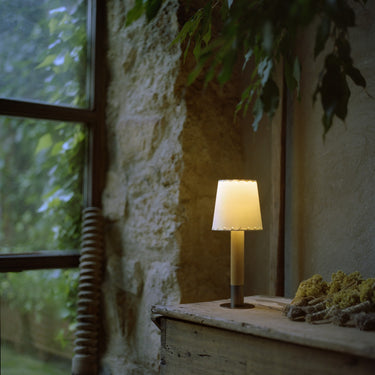 Basica Minima Table Lamp in Nickel Finish with Ribbon-Stitched Shade