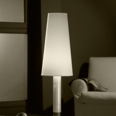 Contemporary wood table lamp with parchment shade and bronze base