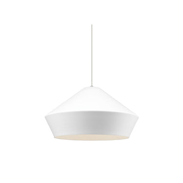 Brummel pendant light by Visual Comfort Modern, 20-inch, in matte white shade, illuminating a home office workspace.