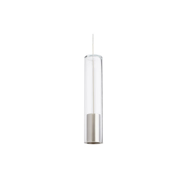 Captra 700MPCPTC pendant, clear cylindrical glass shade, close-up metal spinning interior, satin nickel finish