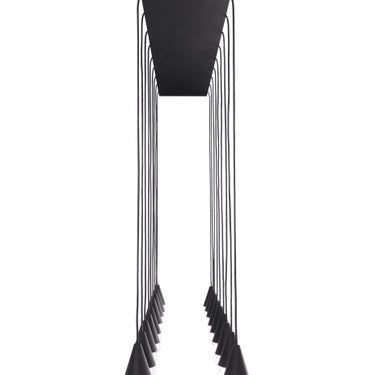 Large scale Cupola chandelier, 18 pendants with metal shades, black finish, modern foyer view.
