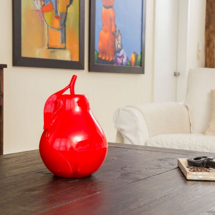 Vibrant Red Solid Color Pear Sculpture | Modern Interior Decor