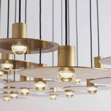 Brass finish Eaves 18 light linear chandelier, minimalist design, 3000K integrated LED, ETL listed.