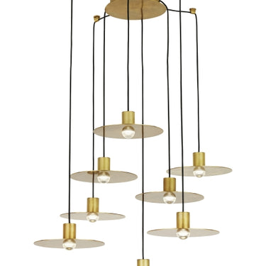  Eaves pendant light optic, glare-free LED illumination, 8 light modern chandelier, brass finish.