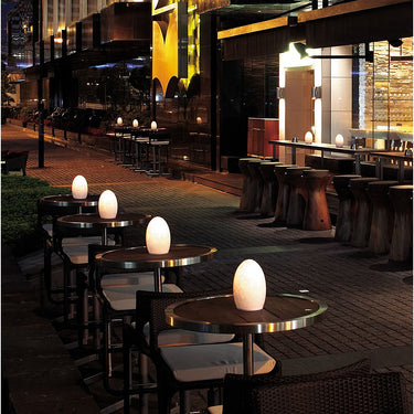 Modern designer cordless table lamp, Egg shape, rechargeable battery, perfect for outdoor dining light.