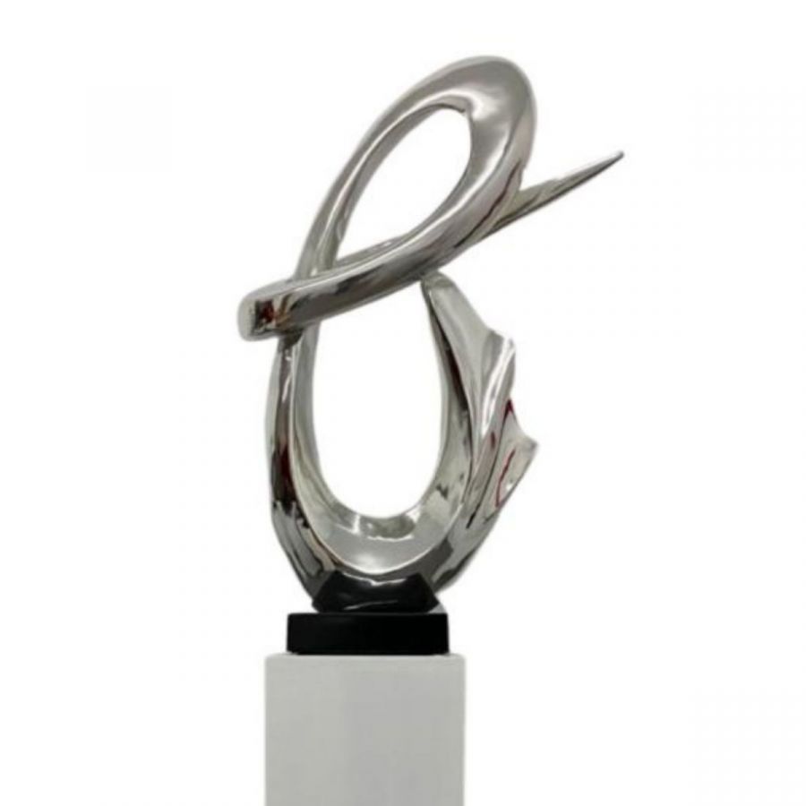 Finesse Decor Chrome Fluid Abstract Floor Sculpture With White Stand, 59" Tall