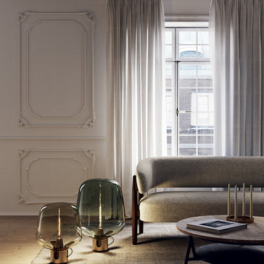 Lodes Flar Large modern floor lamp, a Patrick Norguet design, standing in a living room.