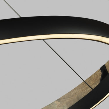 Contemporary black and oak LED chandelier with 48 inch diameter, ideal for dining rooms, entryways, and loft spaces