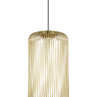 Kai 1 matte white LED pendant light installed above a modern kitchen  island in plated brass finish.