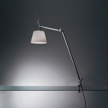 Artemide Tolomeo clamp table lamp with adjustable arm and silver fabric shade for modern home and office lighting