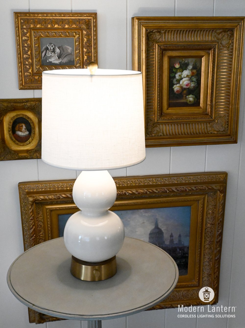 Modern Lantern Norma Jean Ivory Ceramic Mini Cordless Lamp on Antique Brass