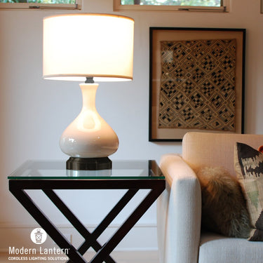 Modern Lantern Cordless Table Lamp - Ivory and Bronze Finish