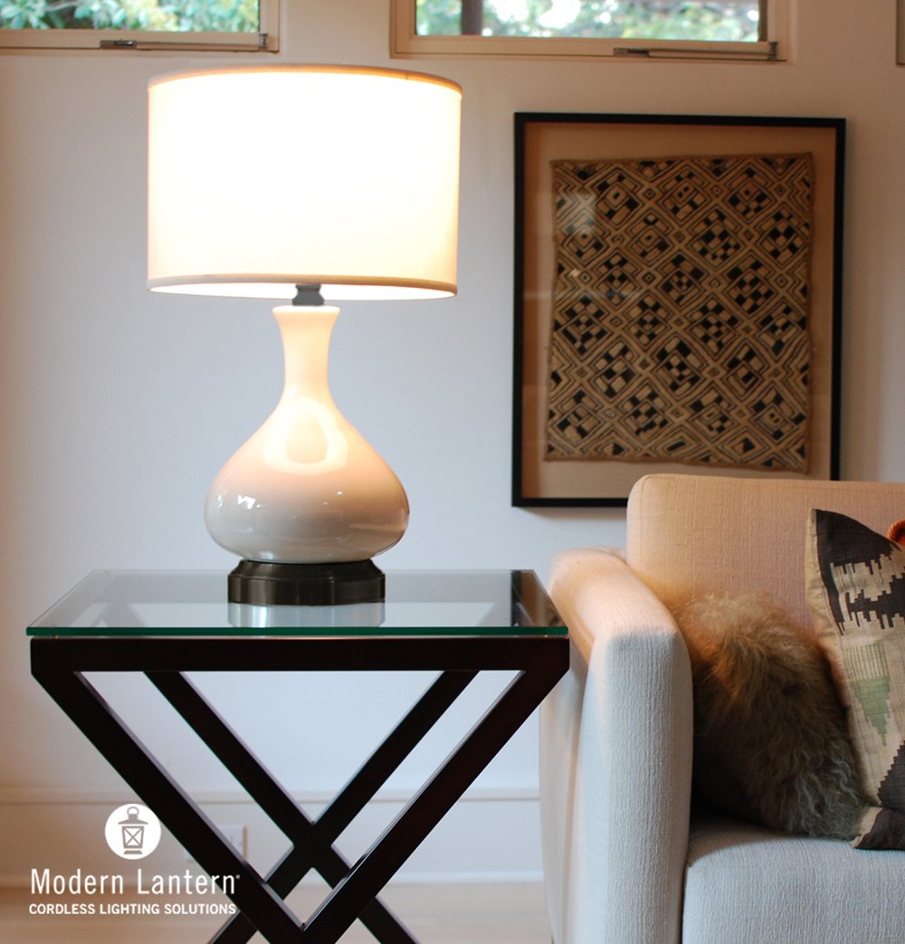 Modern Lantern Cordless Table Lamp - Ivory and Bronze Finish