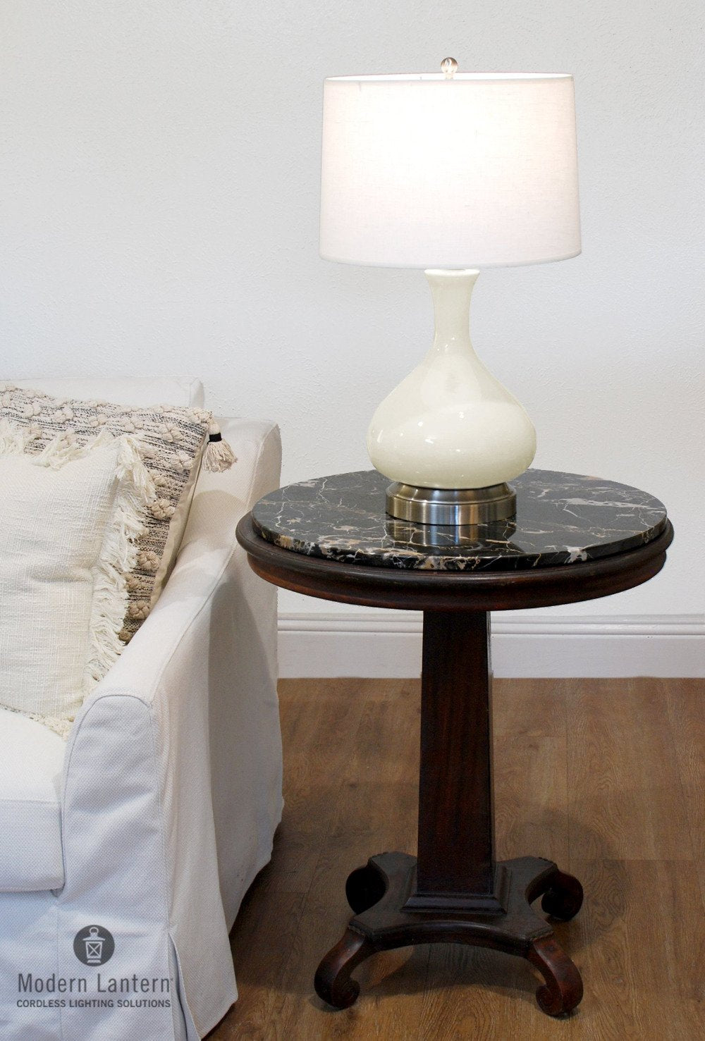 Modern Lantern Bartlett Cordless Lamp in Ivory and Nickel Finish