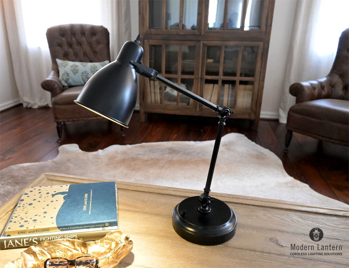 Modern Lantern Onyx Cordless Task Lamp on Black Metal