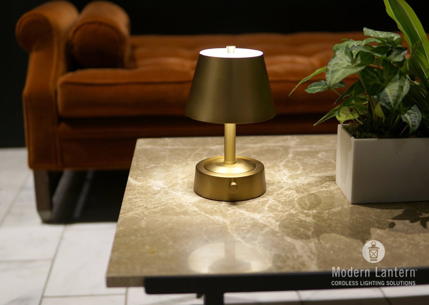 Modern Lantern Mini Metal Cordless Lamp on Antique Brass
