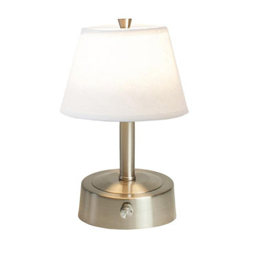 Brushed Nickel Mini Metal Cordless Lamp on desk