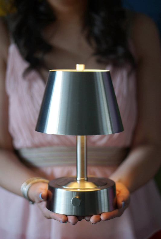 Modern Lantern Mini Metal Cordless Lamp on Brushed Nickel