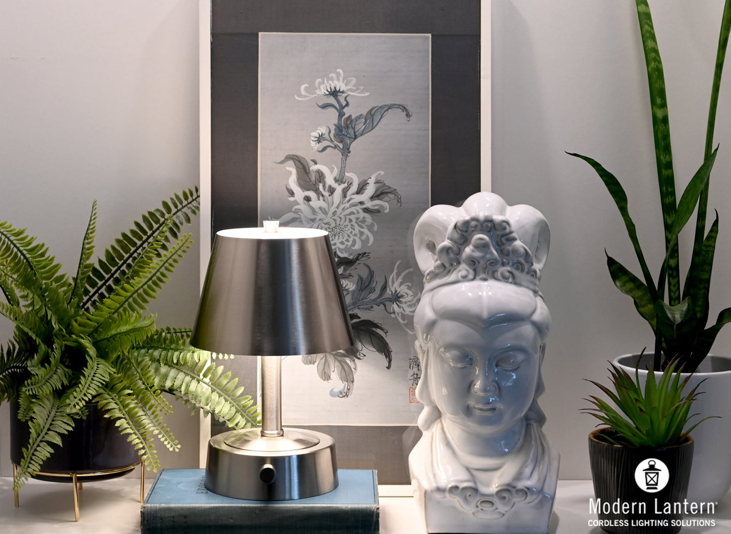 Modern Lantern Mini Metal Cordless Lamp on Brushed Nickel