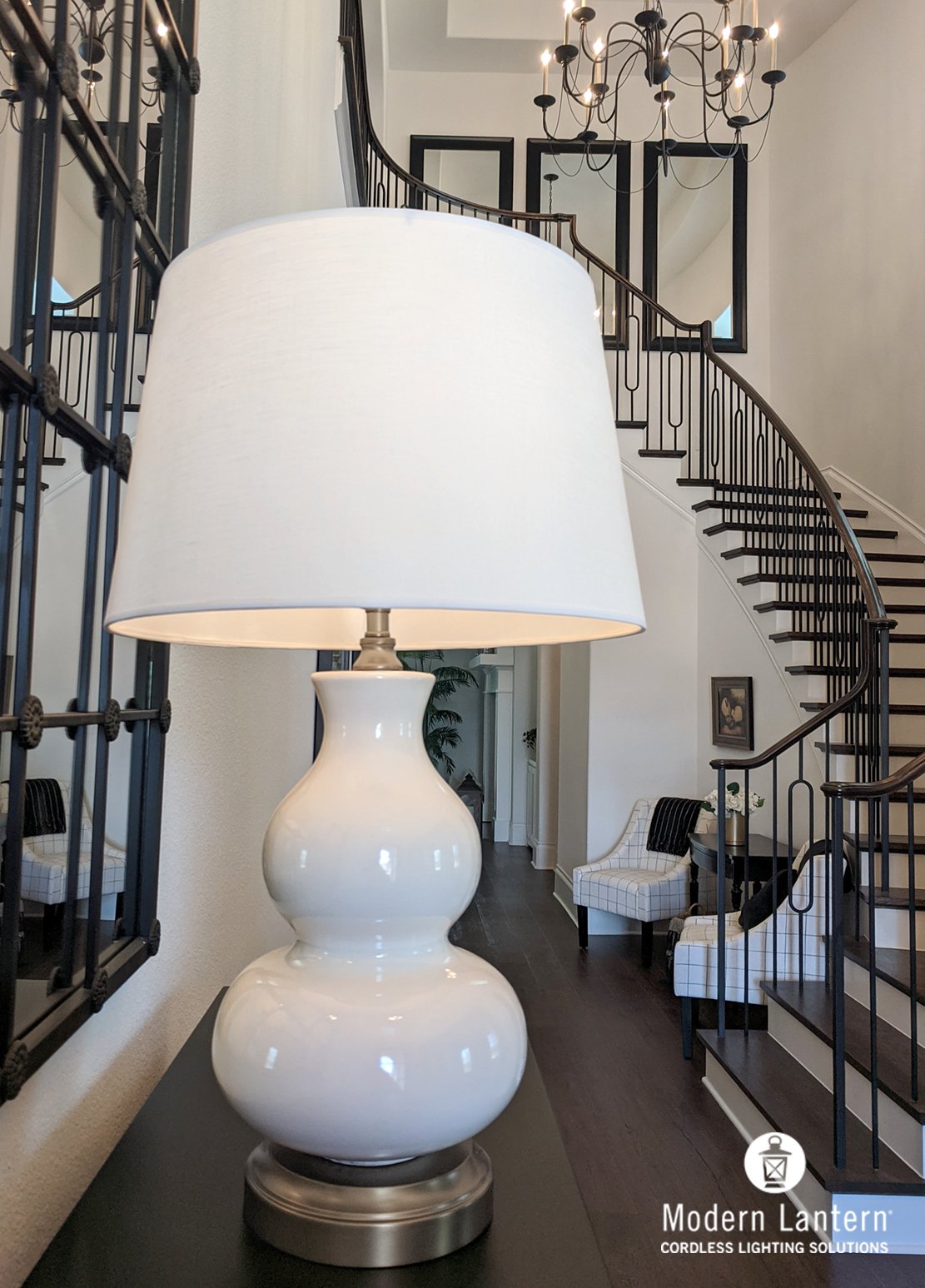 Modern Lantern Marilyn Ivory on Nickel Cordless Lamp
