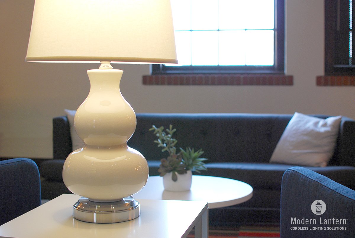 Modern Lantern Marilyn Ivory on Nickel Cordless Lamp