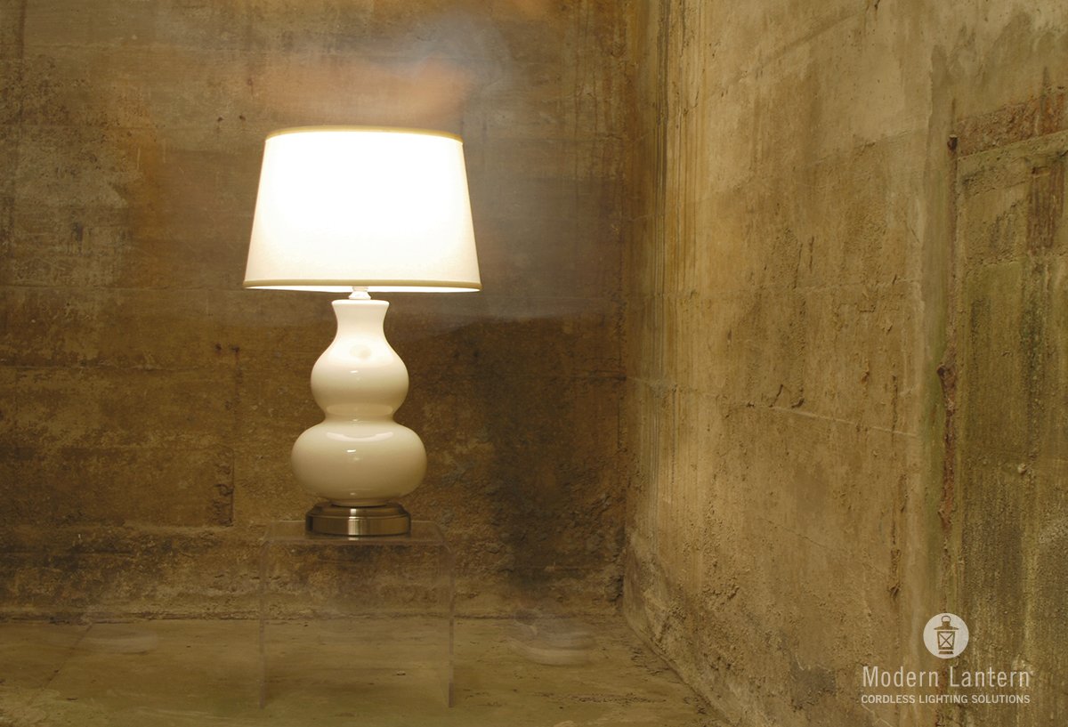 Modern Lantern Marilyn Ivory on Nickel Cordless Lamp