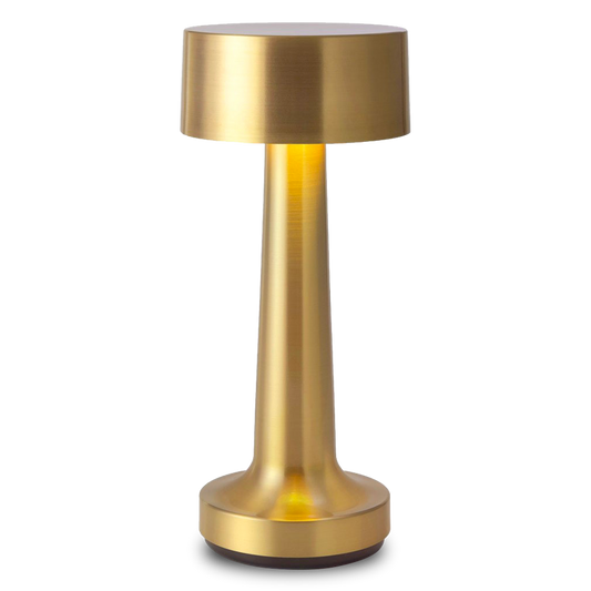 Neoz Cooee 2C brass cordless table lamp, glare-free downlight, dining table setting