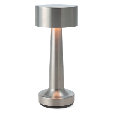 Silver Cooee 2C table lamp, IP52 rated, outdoor dining cordless lighting, patio view