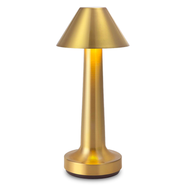 Neoz Cooee 3C designer lamp in sandblasted brass, showing focused downlight for reading, rechargeable and portable.