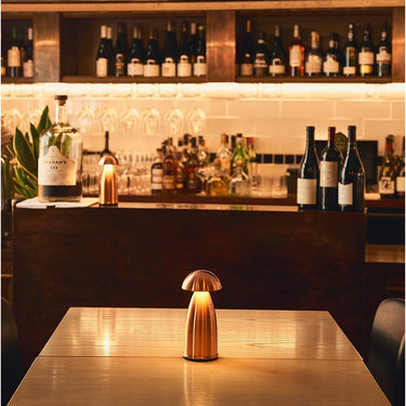 Neoz Owl 1 wireless table lamp, close-up of dome reflector, rechargeable, designer lighting for home dining.