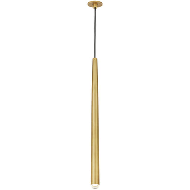 Slim Cylindrical Natural Brass Pendant Light for Commercial Spaces.