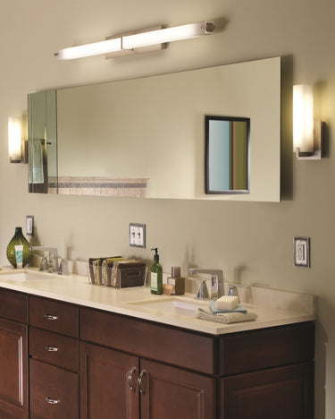 Cosmo 12 inch satin nickel LED wall sconce with rectangular glass shade, modern bathroom lighting.